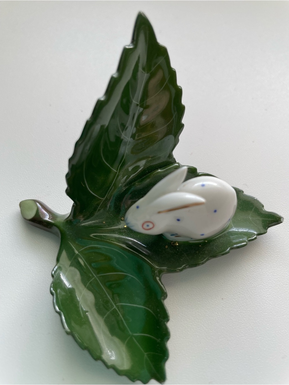 HEREND  White and Green Porcelain bunny on Leaf.